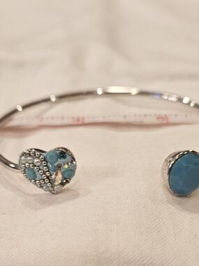 Silvertone Open Cuff Bracelet with Turquoise Blue Heart and Stone Ends